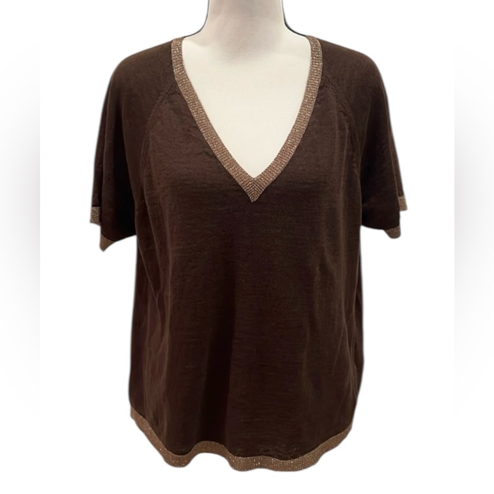 Seventy Venezia Italy Brown Short Sleeve Linen V-neck Sweater Gold Lurex Large